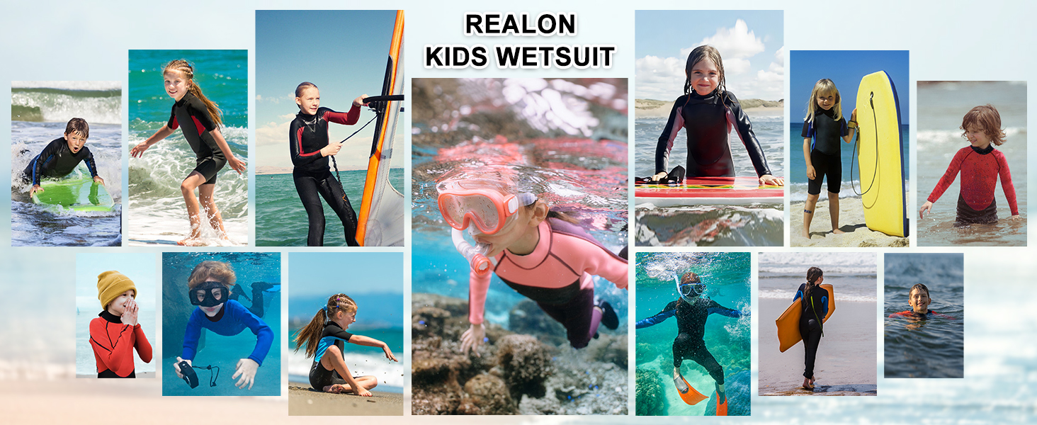 Kids wetsuits for surfing, snorkeling, swimming and other water activities